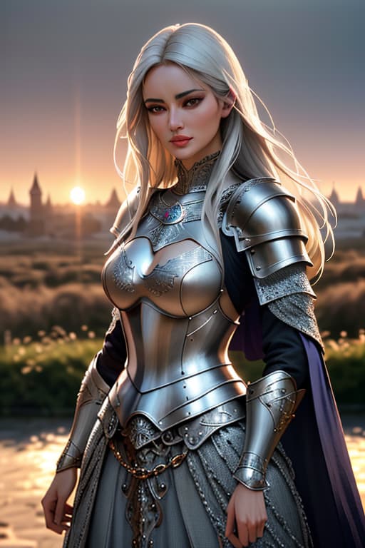  Portrait of a girl, the most beautiful in the world, (medieval armor), metal reflections, upper body, outdoors, intense sunlight, far away castle, professional photograph of a stunning woman detailed, sharp focus, dramatic, award winning, cinematic lighting, volumetrics dtx, (film grain, blurry background, blurry foreground, bokeh, depth of field, sunset, interaction, Perfectchainmail), (masterpiece), (extremely intricate:1.3), (ultra realistic) hyperrealistic, full body, detailed clothing, highly detailed, cinematic lighting, stunningly beautiful, intricate, sharp focus, f/1. 8, 85mm, (centered image composition), (professionally color graded), ((bright soft diffused light)), volumetric fog, trending on instagram, trending on tumblr, HDR 4K, 8K