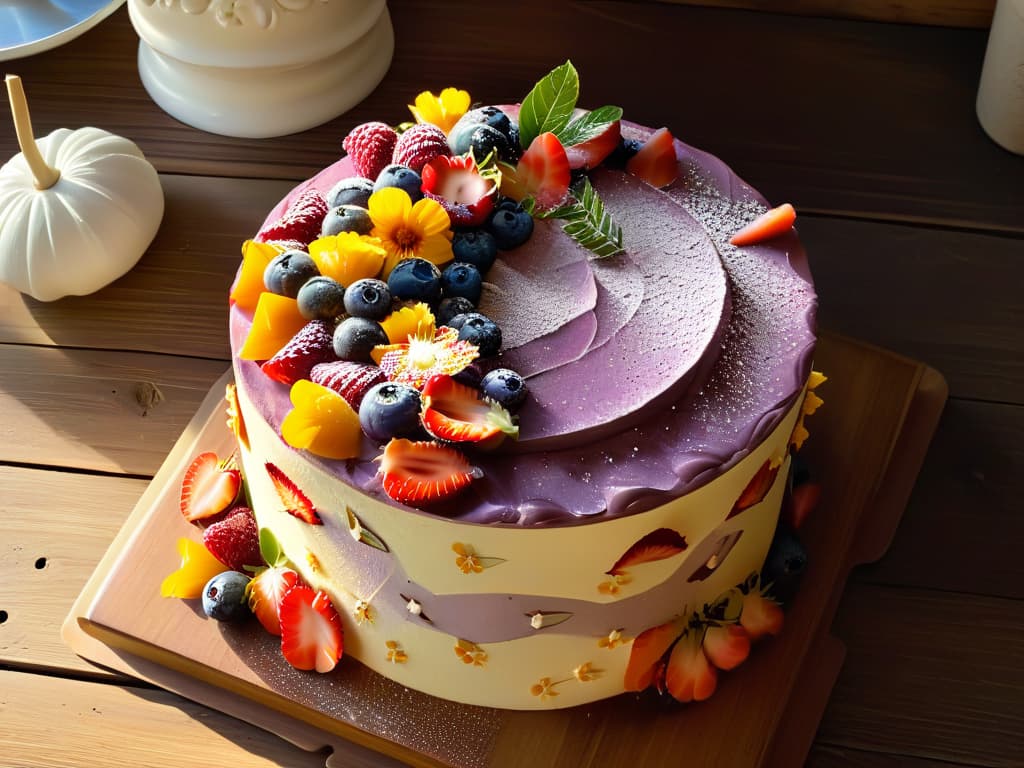  A photorealistic image of a beautifully decorated vegan cake, featuring intricate floral designs made from fresh fruits and edible flowers, sitting on a rustic wooden table with soft natural lighting cascading over it, highlighting the vibrant colors and textures of the dessert. The cake is elegantly crafted, showcasing layers of moist sponge filled with creamy vegan frosting, topped with a dusting of powdered sugar and delicate mint leaves for a visually stunning presentation that embodies both artistry and culinary excellence. hyperrealistic, full body, detailed clothing, highly detailed, cinematic lighting, stunningly beautiful, intricate, sharp focus, f/1. 8, 85mm, (centered image composition), (professionally color graded), ((bright soft diffused light)), volumetric fog, trending on instagram, trending on tumblr, HDR 4K, 8K