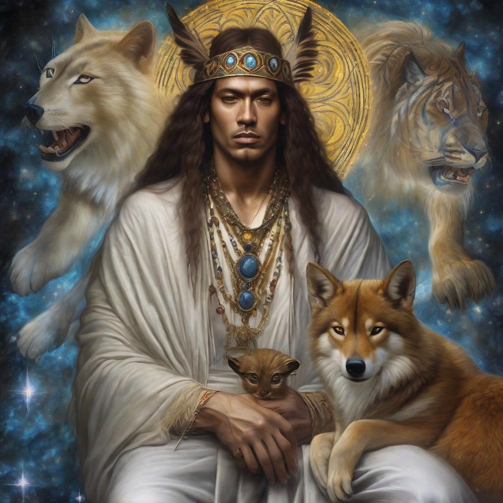  Create a hyper realistic portrait of lakota shaman with spirits of animals and energy sparkles around calm and meditative beautiful man Dante Gabriel Rossetti