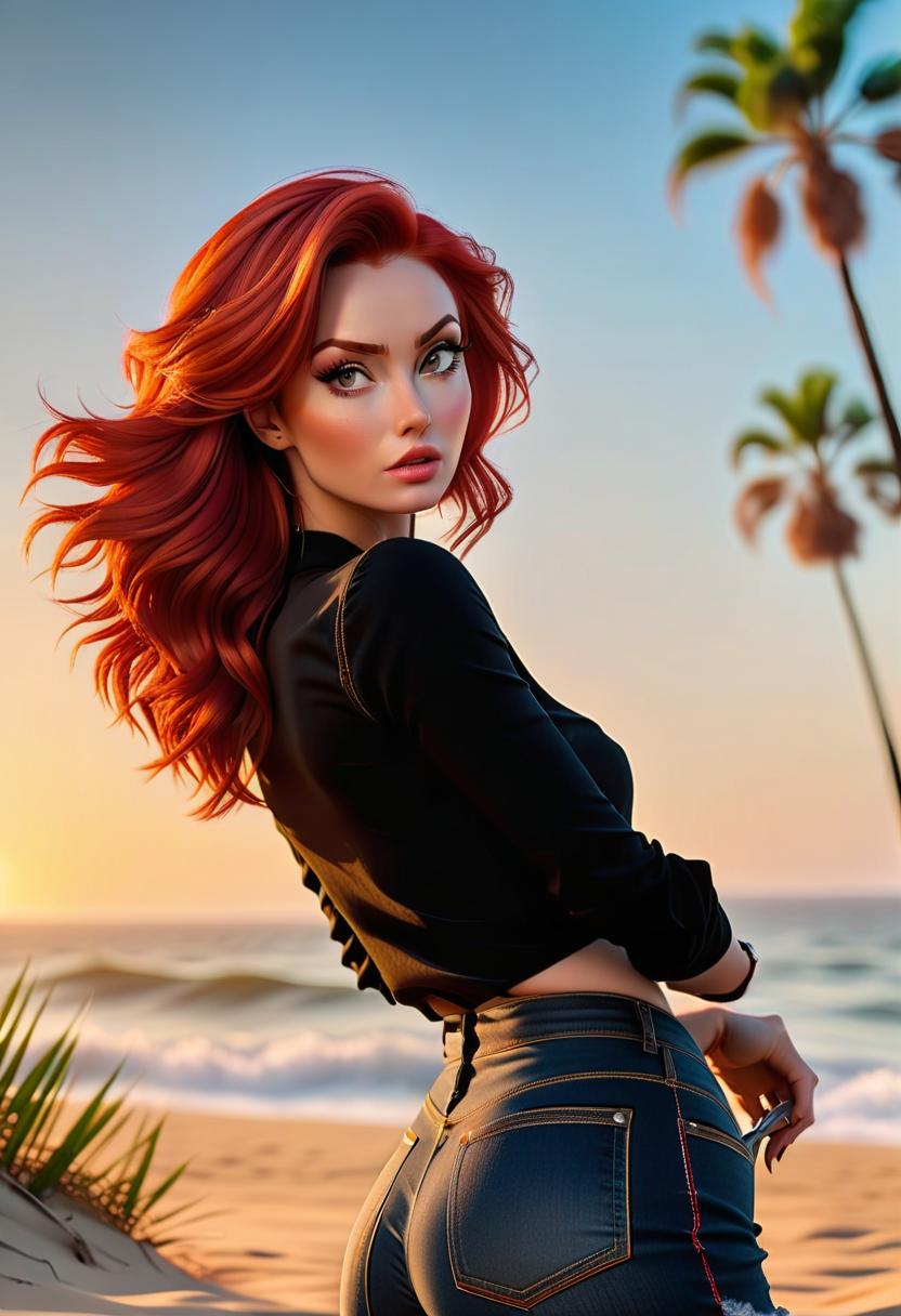  cinematic photo Girl, girl with red hair, short red hair, wavy hair, sunset sky, sandy beach, sea, knives hovering above left hand, standing with back to it, denim pants, black t shirt, palm trees . 35mm photograph, film, bokeh, professional, 4k, highly detailed, hkmagic hyperrealistic, full body, detailed clothing, highly detailed, cinematic lighting, stunningly beautiful, intricate, sharp focus, f/1. 8, 85mm, (centered image composition), (professionally color graded), ((bright soft diffused light)), volumetric fog, trending on instagram, trending on tumblr, HDR 4K, 8K