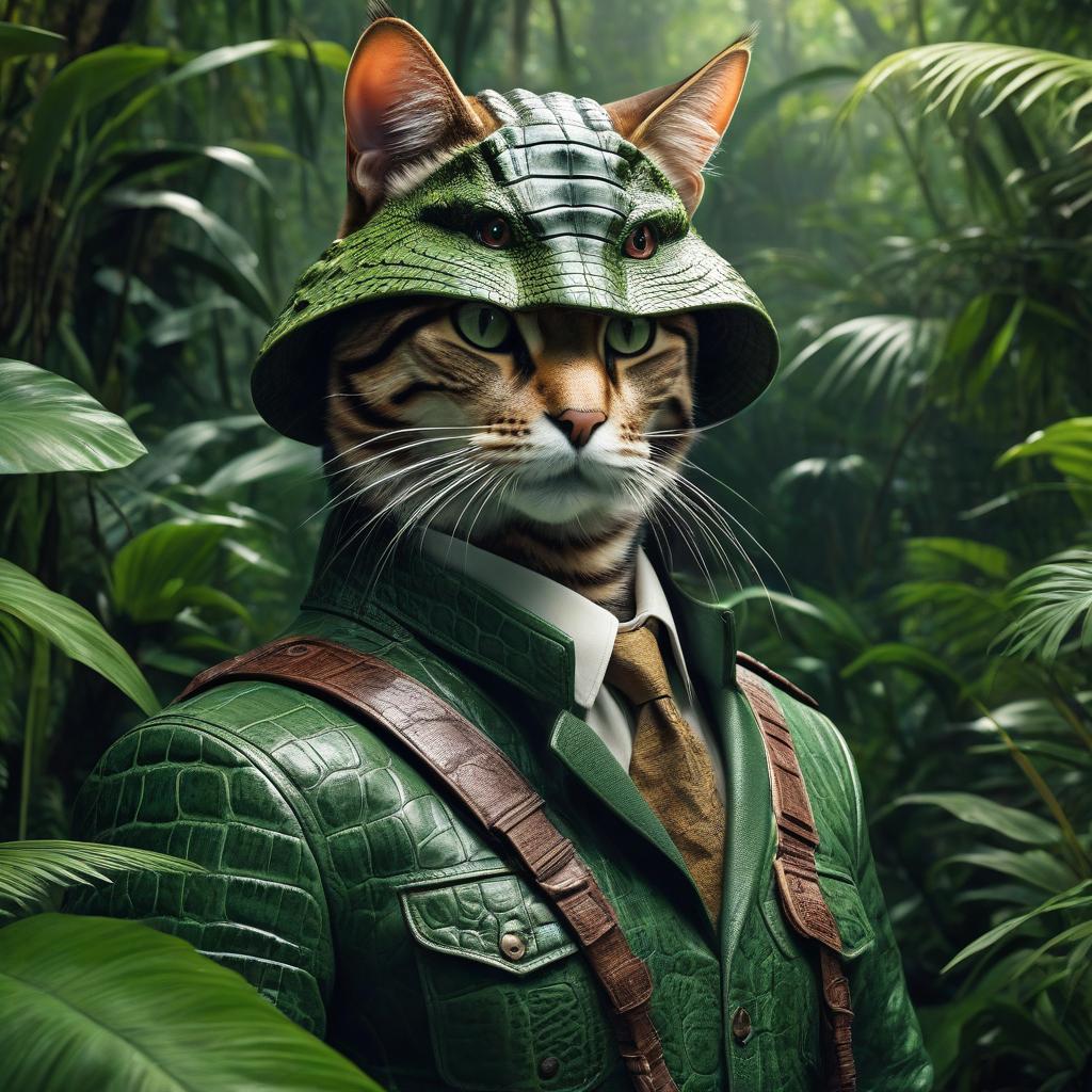  hyperrealistic art photorealstic cat with crocodile head instead of his head in jungle . extremely high resolution details, photographic, realism pushed to extreme, fine texture, incredibly lifelike hyperrealistic, full body, detailed clothing, highly detailed, cinematic lighting, stunningly beautiful, intricate, sharp focus, f/1. 8, 85mm, (centered image composition), (professionally color graded), ((bright soft diffused light)), volumetric fog, trending on instagram, trending on tumblr, HDR 4K, 8K