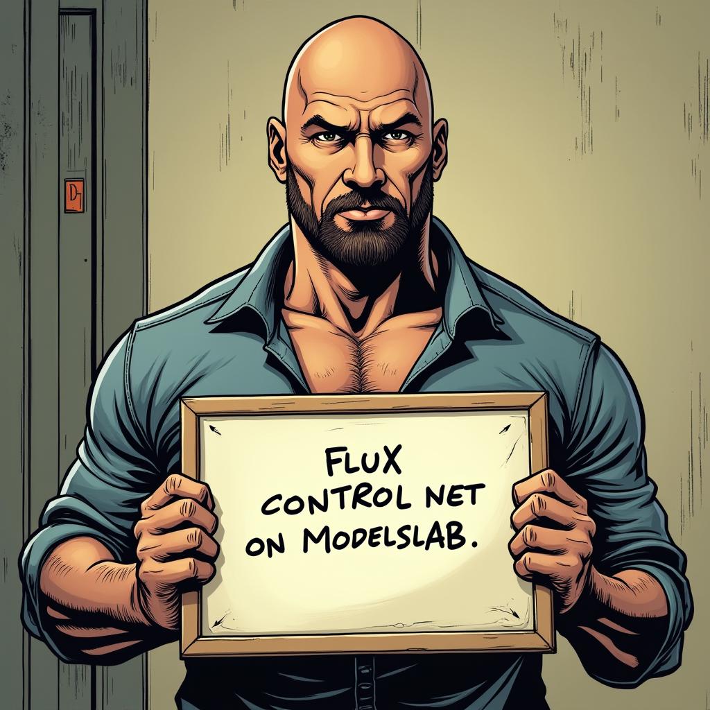  comic style, dwayne johnson holding a notice board where it is written 'flux controlnet on modelslab'.