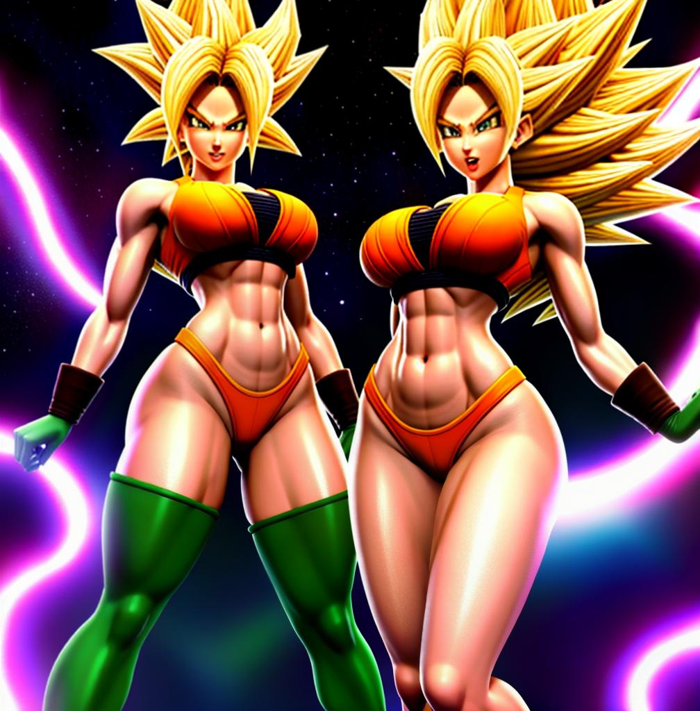  ((foto de cuerpo completo, pie plano, cuerpo recto)), ((laura {Super Super Saiyan mujer con grandes pechos})), ((lleva puesto son goku+Los disfraces de ella son extremadamente ajustados a su cuerpo.))