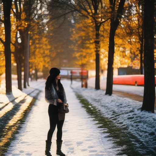  A cute cartoon girl was standing outside in the snow, with the evening lights, sunset, edge lights, depth of field, holding a cup of hot coffee in her hand. The background is blurred, but trees and snow-covered houses can be seen in the distance. Take a full-body photo, focusing on her black hair and blue eyes. Use the best quality and strive to create high-quality products. Consider using natural light and Kodak Portra 800 film. Use a 50mm f/1.4 lens to create a shallow depth of field. The width of the final image should be approximately 32K pixels hyperrealistic, full body, detailed clothing, highly detailed, cinematic lighting, stunningly beautiful, intricate, sharp focus, f/1. 8, 85mm, (centered image composition), (professionally color graded), ((bright soft diffused light)), volumetric fog, trending on instagram, trending on tumblr, HDR 4K, 8K