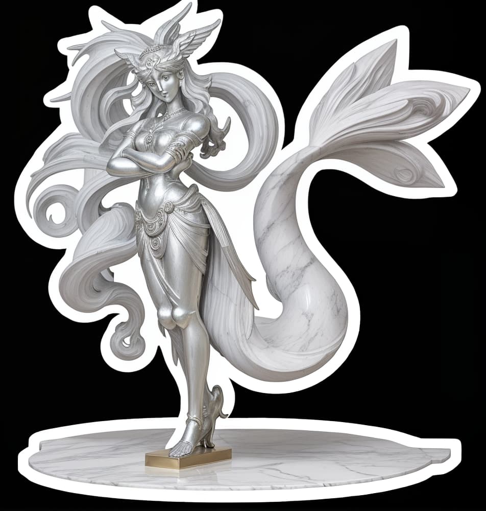  masterpiece, best quality, A crowd of people walk around a huge marble statue of a pokemon type character, silver tail with an eye on top and long body with arms crossed behind her back and legs bent at knee, she has two large tails that resemble fishlike fins, in the classical Greek style, in an art museum. The sculpture exudes elegance and grace, capturing natural light that highlights its delicate details. This piece symbolizes cruelty and ferocity.