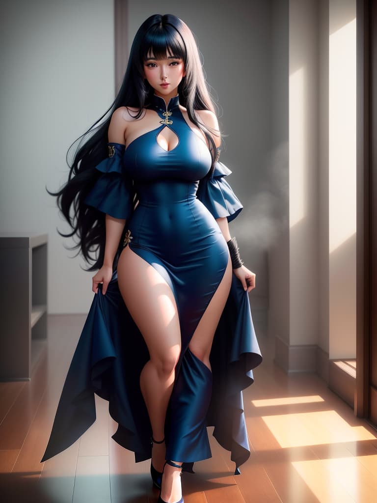  An cute and anime wearing blue china dress, black mid length hair with bangs, bare shoulders, bare arms, exudes feminine charm, greeny eyes with attractive lashes, full subtle mauve lipstick, large s covered by curved fit dress, blush, expression on face Dress: , no jewelry, top and bottoms, no shoes. hyperrealistic, full body, detailed clothing, highly detailed, cinematic lighting, stunningly beautiful, intricate, sharp focus, f/1. 8, 85mm, (centered image composition), (professionally color graded), ((bright soft diffused light)), volumetric fog, trending on instagram, trending on tumblr, HDR 4K, 8K