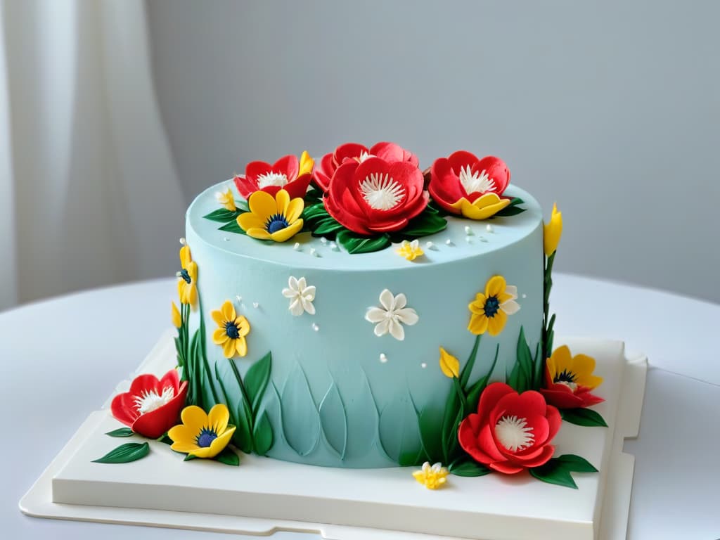  A closeup, ultradetailed image of a beautifully decorated threetiered cake with intricate floral designs made entirely of fondant, set against a clean, white backdrop to highlight the precision and artistry of the pastry creation. The cake features delicate sugar flowers in various stages of blooming, showcasing the skill and craftsmanship involved in pastry design using augmented reality technology. hyperrealistic, full body, detailed clothing, highly detailed, cinematic lighting, stunningly beautiful, intricate, sharp focus, f/1. 8, 85mm, (centered image composition), (professionally color graded), ((bright soft diffused light)), volumetric fog, trending on instagram, trending on tumblr, HDR 4K, 8K