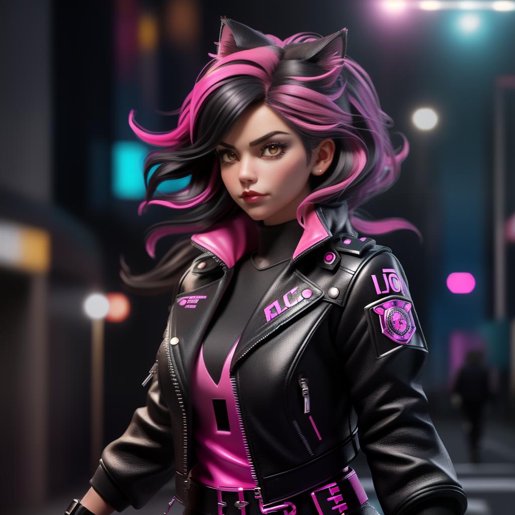  youg woman catgirl , black leather boots she loves her pink jacket, jumps from the top of the roof, she's a police officer running to catch the villain, , hyperrealistic, high quality, highly detailed, cinematic lighting, intricate, sharp focus, f/1. 8, 85mm, (centered image composition), (professionally color graded), ((bright soft diffused light)), volumetric fog, trending on instagram, HDR 4K, 8K