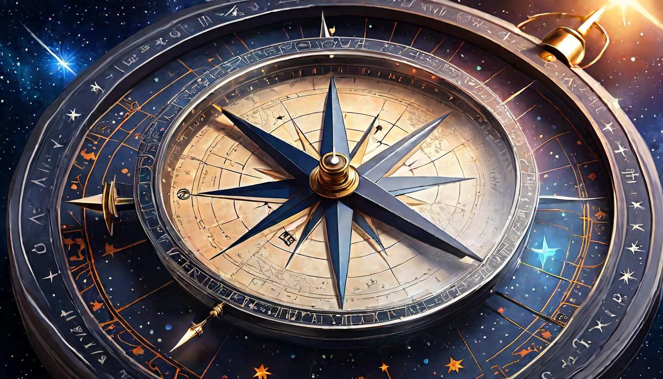  digital painting of A compass needle pointing towards a glowing symbol amidst a map of constellations, navigation, discovery, signs amidst the stars looking at viewer, dynamic pose, (intricate details, masterpiece, best quality)