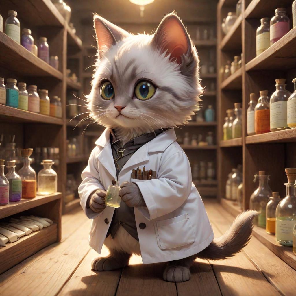  full body, Kitten Cheeseville, Soft Alchemical Glow, Curious and Inquisitive, Tiny and Nimble, Whiskers and Bright Eyes, Scientific Lab Coat with a Pocket Protector, Alchemical Laboratory with Potion filled Shelves, Chemist and Alchemist in the Mouse Lab