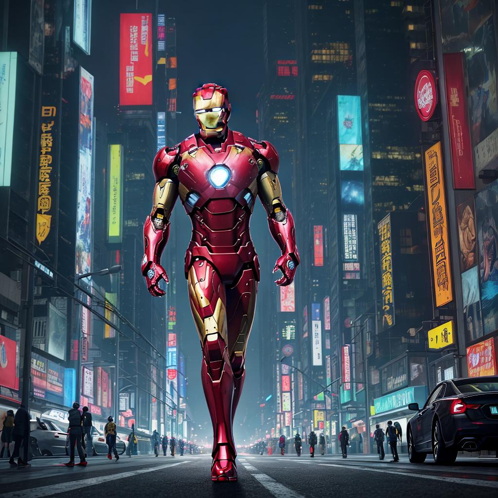  masterpiece, best quality, Best quality, masterpiece, 8k resolution, realistic, highly detailed, close up of Iron Man. In a cyberpunk-style night scene of the city, he stands on a street lined with tall buildings. The city's night lights are bright, The surrounding buildings and streets are filled with cyberpunk elements such as neon lights, high-tech devices, and futuristic architectural designs.