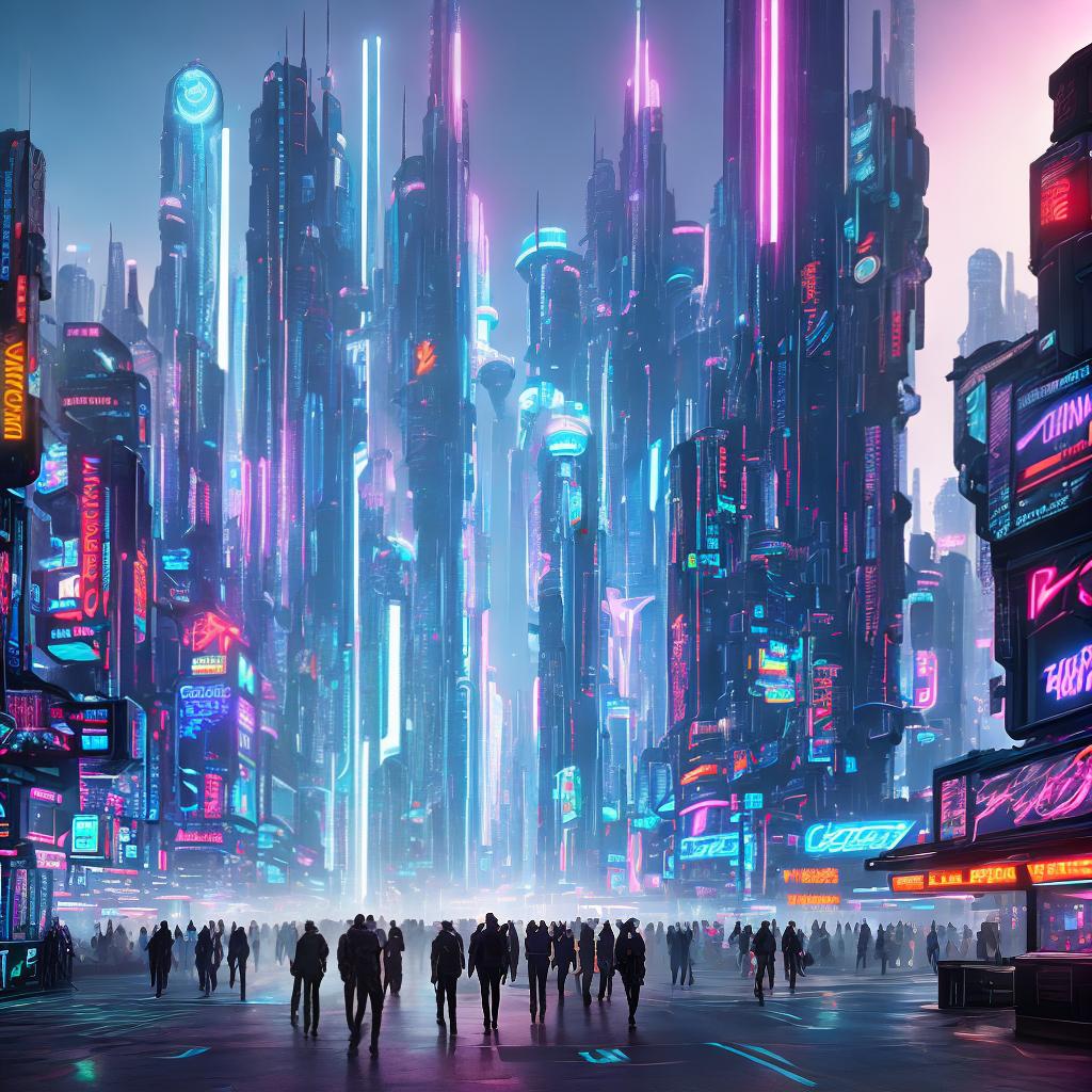  ((Masterpiece)), (((best quality))), 8K, high detailed, ultra-detailed. A futuristic product ecosystem. A sprawling cityscape with towering skyscrapers and sleek, futuristic architecture. Flying cars zip through the air, seamlessly integrated into the urban landscape. The city is illuminated by a mesmerizing blend of neon lights and holographic advertisements, creating a vibrant and dynamic atmosphere. In the foreground, a bustling marketplace showcases an array of innovative gadgets and technologies. (Artist: Lisa Johnson, Medium: Digital painting, Style: Cyberpunk, Website: www.lisajohnsonart.com, Resolution: 8192x4608). hyperrealistic, full body, detailed clothing, highly detailed, cinematic lighting, stunningly beautiful, intricate, sharp focus, f/1. 8, 85mm, (centered image composition), (professionally color graded), ((bright soft diffused light)), volumetric fog, trending on instagram, trending on tumblr, HDR 4K, 8K