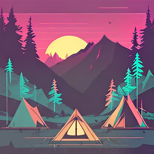 nvinkpunk Whimsical mountains with trees, camping tent and campfire