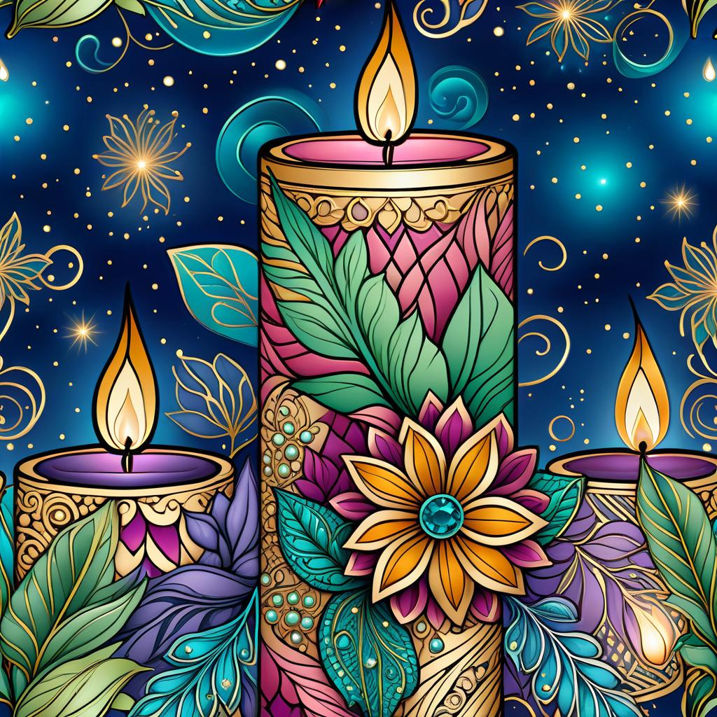  zentangle (Background):Dark blue night sky. In the sky turquoise golden stars and emerald fireworks. There are three candles on the background of the night sky. In the centre one is tall, on the sides wide and lower. (First candle decor)::pink framed with gold patterns and swirls of drops. In the middle of the candle is a flower bud and stem with emerald coloured leaves. Under the flower the candle is tied with a ribbon of blue blue colour. (Second and third candle decor):purple colour, framed with golden drops. In the middle is a purple coloured flower bud and stems with emerald coloured leaves. Zentangle have the signature uneven edge and rounded corners. The original tiles are in the form of geometric shapes: square, triangle, rectangle  hyperrealistic, full body, detailed clothing, highly detailed, cinematic lighting, stunningly beautiful, intricate, sharp focus, f/1. 8, 85mm, (centered image composition), (professionally color graded), ((bright soft diffused light)), volumetric fog, trending on instagram, trending on tumblr, HDR 4K, 8K