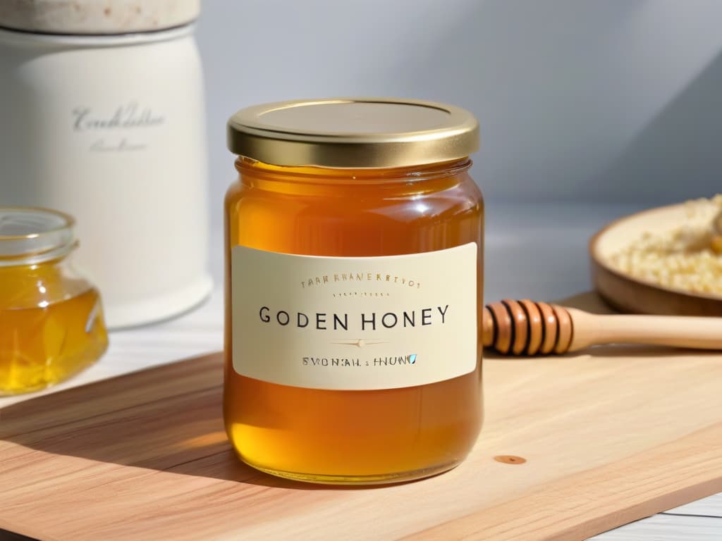  A closeup, ultradetailed image of a beautifully styled glass jar filled with golden raw honey, positioned on a rustic wooden table with soft natural lighting casting gentle shadows. The honey glistens with a hint of sunlight, showcasing its rich texture and organic quality. The label on the jar is elegantly designed with a simple, sophisticated font that reads "Endulzante Natural" in a subtle, yet eyecatching manner. The background is softly blurred, emphasizing the purity and authenticity of the natural sweetener, making it an ideal visual representation for the benefits of using natural sweeteners in baking. hyperrealistic, full body, detailed clothing, highly detailed, cinematic lighting, stunningly beautiful, intricate, sharp focus, f/1. 8, 85mm, (centered image composition), (professionally color graded), ((bright soft diffused light)), volumetric fog, trending on instagram, trending on tumblr, HDR 4K, 8K