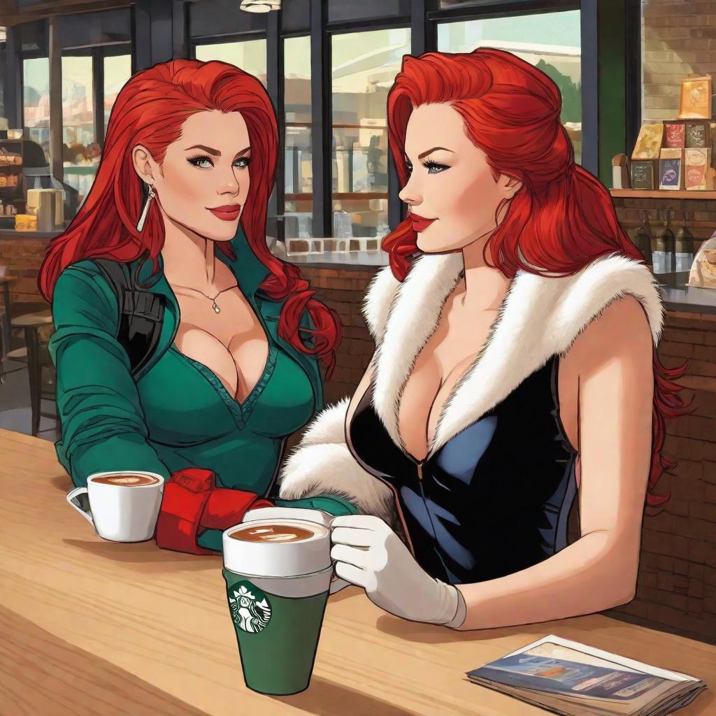  Felicia Hardy, young face, long white hair, white fur collar, gloves, no bra, black jumpsuit, unzipped, bigger bust, and Mary Jane Watson, red hair, green sweater, blue jeans, drinking coffee at Starbucks