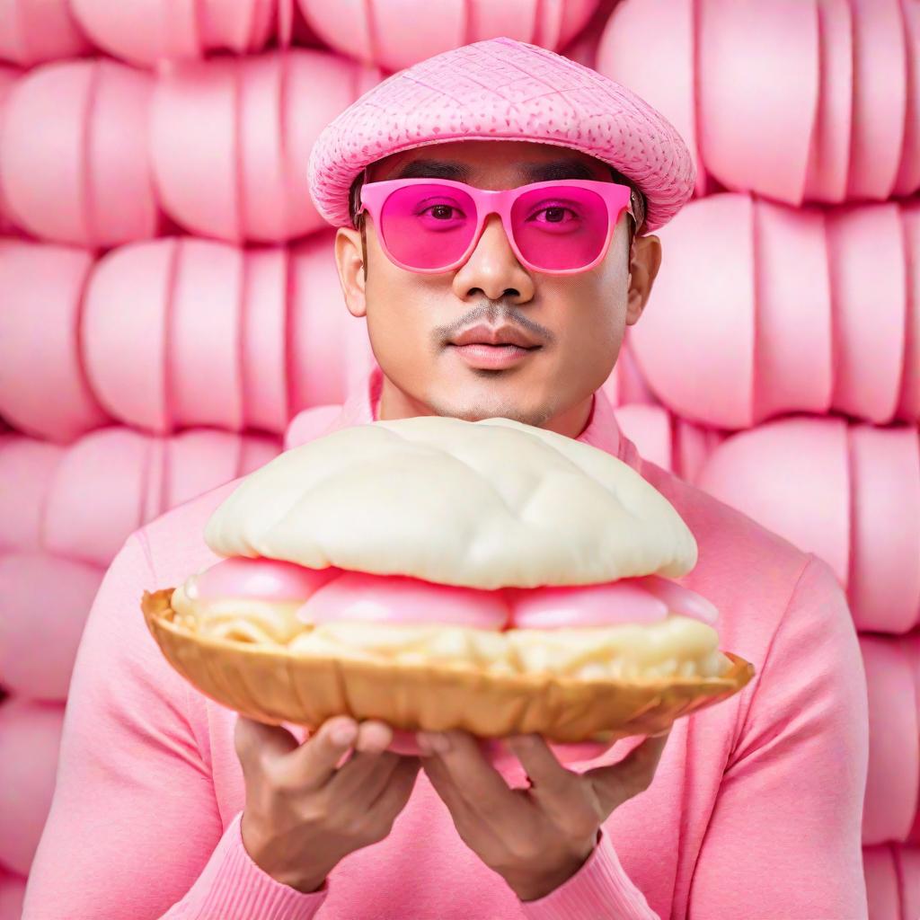  a man in pink glasses with pink lenses and with a large stretched dumpling on his head, cute, hyper detail, full HD hyperrealistic, full body, detailed clothing, highly detailed, cinematic lighting, stunningly beautiful, intricate, sharp focus, f/1. 8, 85mm, (centered image composition), (professionally color graded), ((bright soft diffused light)), volumetric fog, trending on instagram, trending on tumblr, HDR 4K, 8K