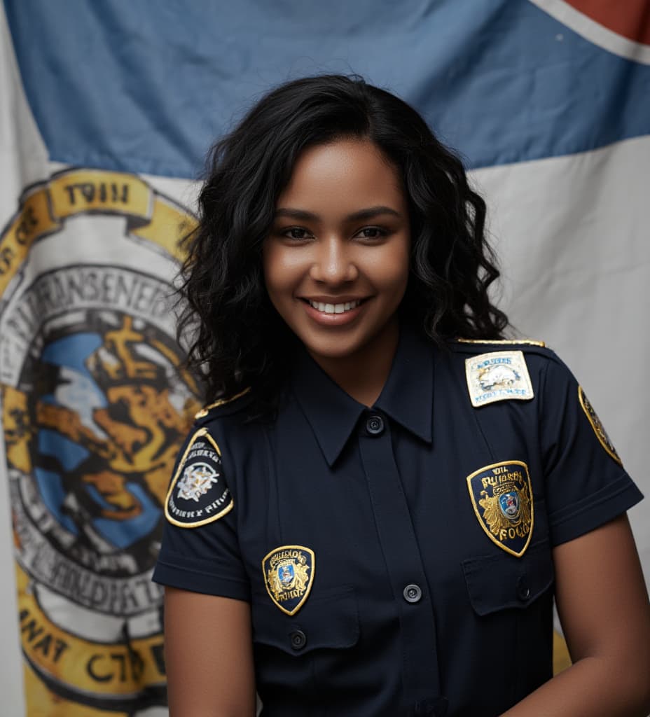  detail, photo, cinscene, dreamwalking black skinned women in a cop uniform with police department flag in the background, smiling, raw