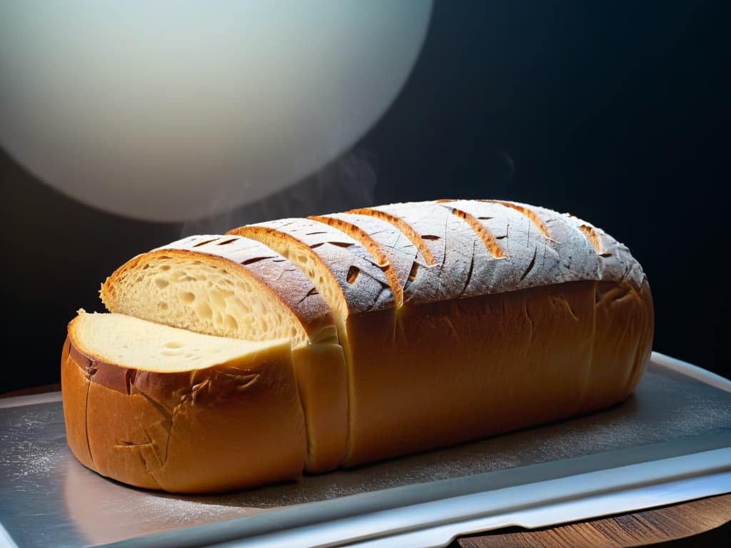  A closeup, ultradetailed image of a beautifully crafted sourdough bread loaf with intricate scoring patterns on its crust, set against a dark, rustic backdrop to highlight the texture and artistry of the fermentation process in modern pastrymaking. hyperrealistic, full body, detailed clothing, highly detailed, cinematic lighting, stunningly beautiful, intricate, sharp focus, f/1. 8, 85mm, (centered image composition), (professionally color graded), ((bright soft diffused light)), volumetric fog, trending on instagram, trending on tumblr, HDR 4K, 8K