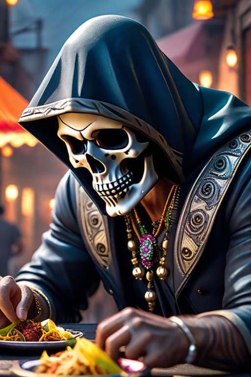  Skull, eat tacos hyperrealistic, full body, detailed clothing, highly detailed, cinematic lighting, stunningly beautiful, intricate, sharp focus, f/1. 8, 85mm, (centered image composition), (professionally color graded), ((bright soft diffused light)), volumetric fog, trending on instagram, trending on tumblr, HDR 4K, 8K