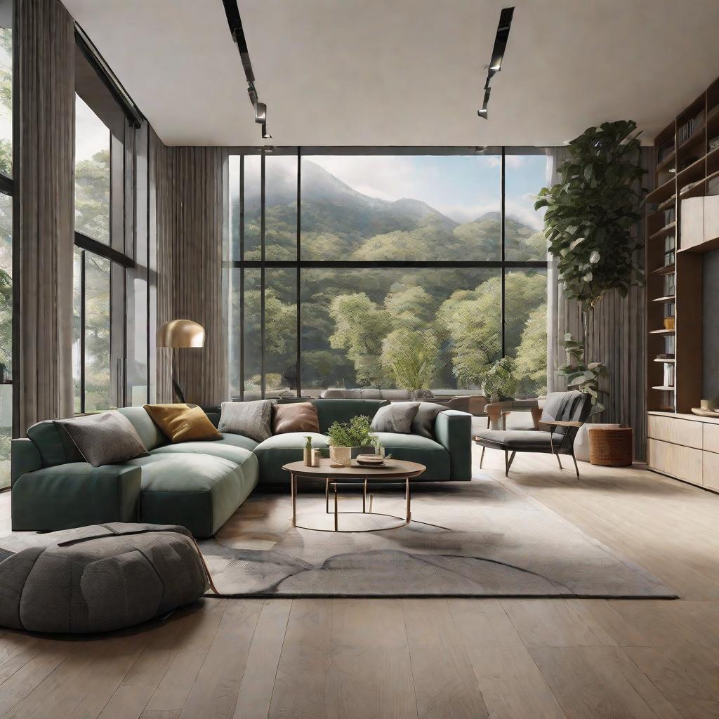  masterpiece, best quality, Best Quality, Masterpiece, 8k resolution,high resolution concept art of an apartment living room with floor to ceiling windows and modern furniture