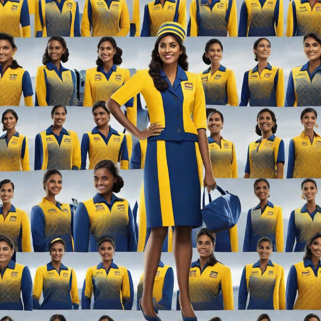  An air hostess wears a blue and yellow colour osari with lion image to represent sri lankan cricket team . It should be include as "innings lanka airlines". It should be include sri lankan lions'images. It should be a full body image.air hostess should carry a bat.air hostess should represent sri lanka hyperrealistic, full body, detailed clothing, highly detailed, cinematic lighting, stunningly beautiful, intricate, sharp focus, f/1. 8, 85mm, (centered image composition), (professionally color graded), ((bright soft diffused light)), volumetric fog, trending on instagram, trending on tumblr, HDR 4K, 8K