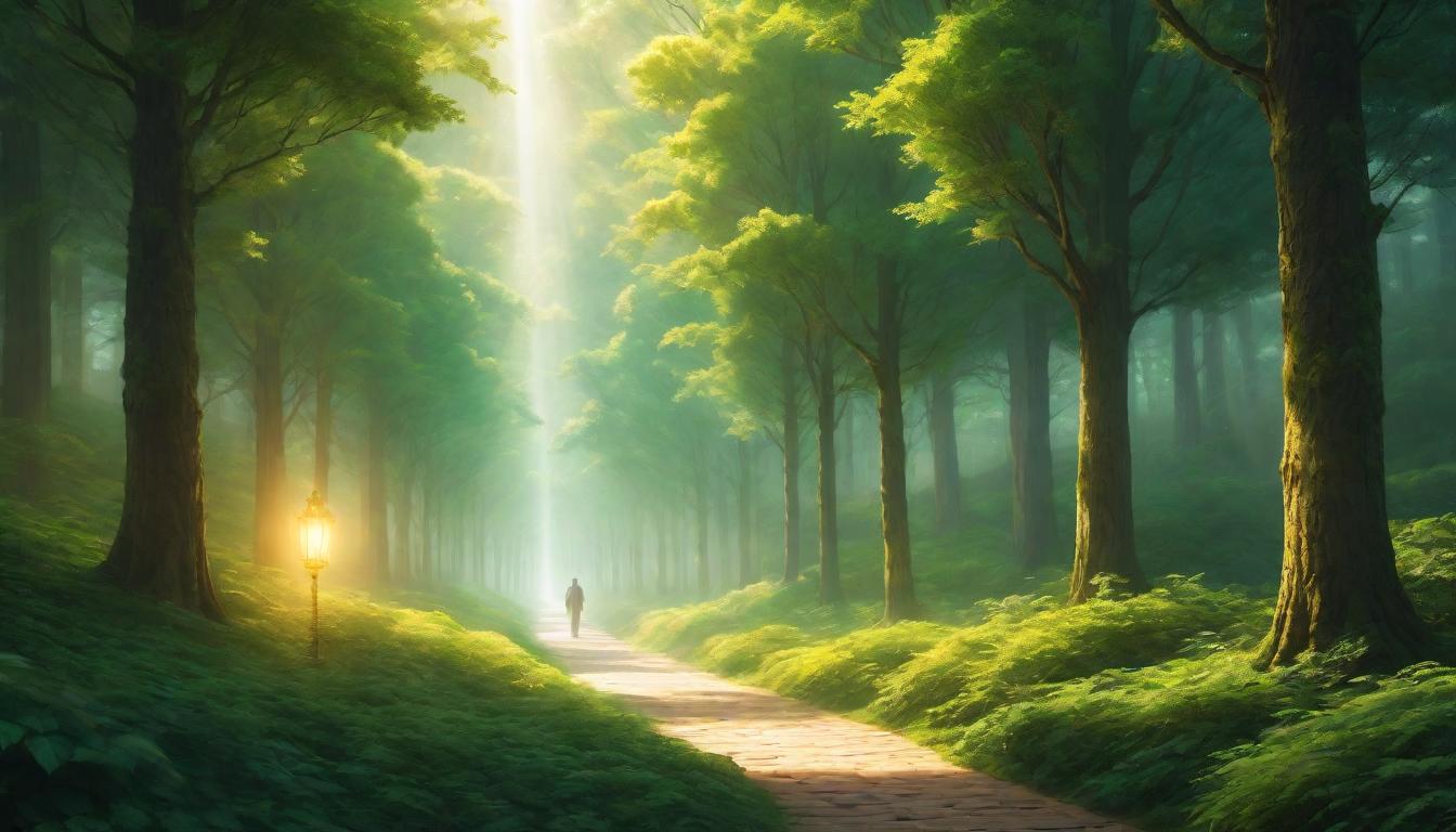  digital illustration A pathway flanked by towering trees, each emanating a soft glow, converging towards a radiant, welcoming light at the end, invitation, journey, crossing thresholds, ethereal beauty, moment of decision looking at viewer, dynamic pose, (intricate details, masterpiece, best quality)