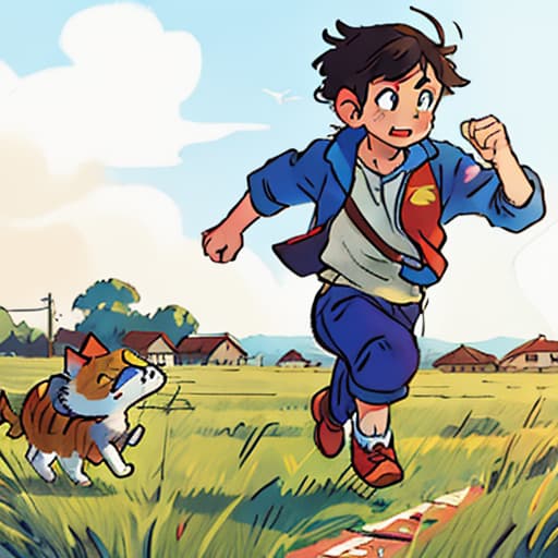  a boy is runnig, a cat following