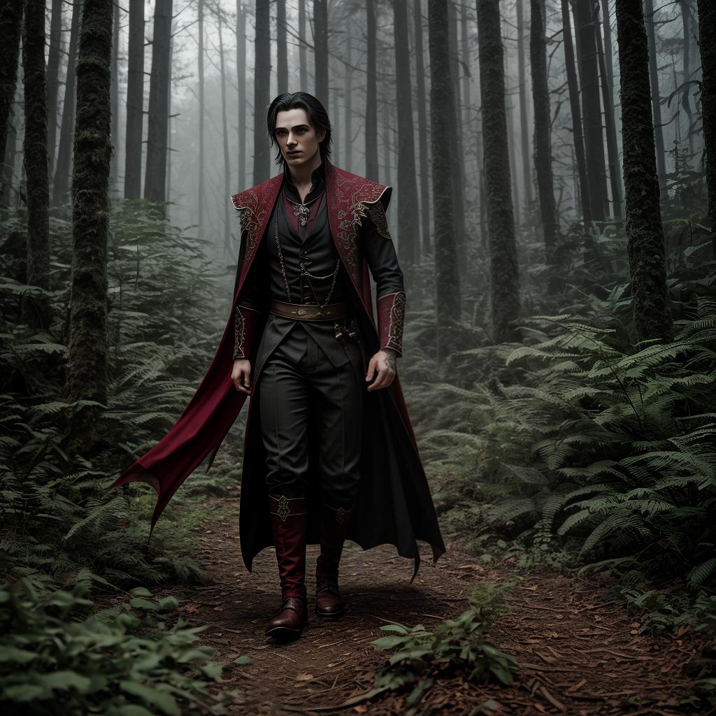  as a cinematic render, young male vampire walking through a dark forest, the vampire is extremely beautiful and is wearing ancient clothes of a vampire, High-Quality Masterpieces, Premium Grade Artwork, Exceptional Visual Craftsmanship, Superior Image Precision, Top-Tier Image Standards