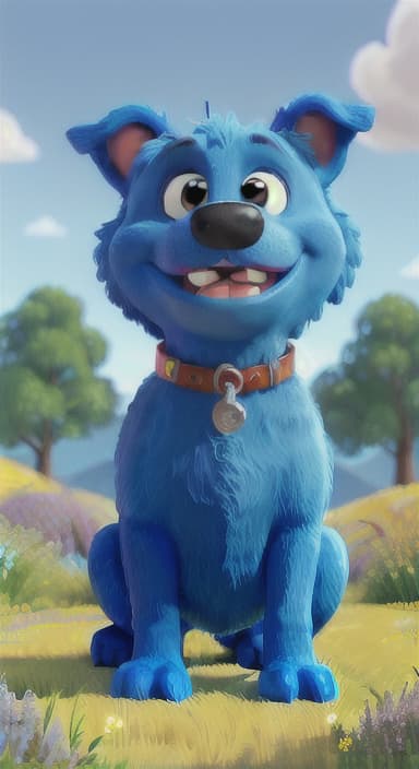  {A happy, big blue dog wagging its tail in a colorful meadow, The big blue dog is large with sky blue fur, big round eyes, a black nose, and floppy ears.