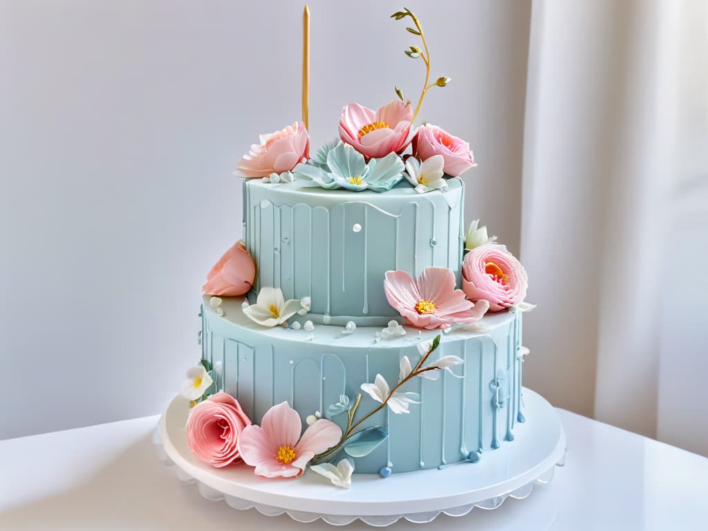  An exquisite threetiered cake masterpiece standing on a crystalclear glass cake stand, adorned with intricate sugar flowers in soft pastel shades cascading down the tiers. The background shows a pristine white marble countertop with a few scattered loose petals and delicate piping tools neatly arranged beside the cake. The lighting is soft, emphasizing the fine details of the sugar work and creating a dreamy, almost ethereal atmosphere around the confectionary creation. hyperrealistic, full body, detailed clothing, highly detailed, cinematic lighting, stunningly beautiful, intricate, sharp focus, f/1. 8, 85mm, (centered image composition), (professionally color graded), ((bright soft diffused light)), volumetric fog, trending on instagram, trending on tumblr, HDR 4K, 8K