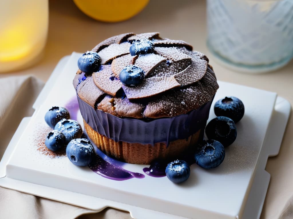  An ultradetailed closeup image of a freshly baked chia seedinfused blueberry muffin, showcasing the glistening texture of the muffin top studded with plump blueberries and chia seeds. The muffin sits on a sleek, modern ceramic plate with a subtle matte finish, emphasizing the minimalistic and professional aesthetic. The lighting highlights the intricate details of the chia seeds, reflecting a sense of sophistication and inspiration for incorporating this ancient ingredient into modern, healthy desserts. hyperrealistic, full body, detailed clothing, highly detailed, cinematic lighting, stunningly beautiful, intricate, sharp focus, f/1. 8, 85mm, (centered image composition), (professionally color graded), ((bright soft diffused light)), volumetric fog, trending on instagram, trending on tumblr, HDR 4K, 8K