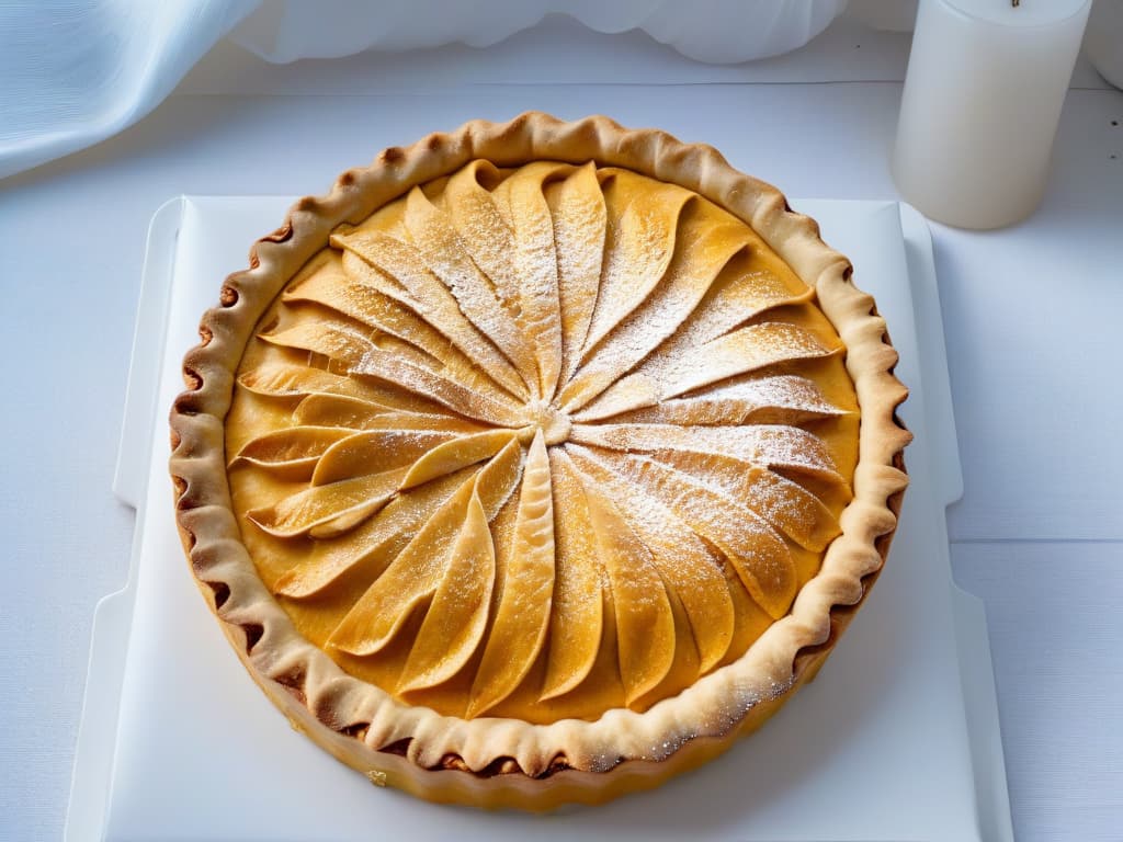  An ultradetailed closeup image of a perfectly baked Lucuma pie, showcasing the rich golden color and intricate crimped edges of the crust. The surface of the pie is sprinkled with a light dusting of powdered sugar, enhancing its visual appeal. The lighting captures the glossy sheen of the pie filling, highlighting its creamy texture and tempting caramelized aroma. hyperrealistic, full body, detailed clothing, highly detailed, cinematic lighting, stunningly beautiful, intricate, sharp focus, f/1. 8, 85mm, (centered image composition), (professionally color graded), ((bright soft diffused light)), volumetric fog, trending on instagram, trending on tumblr, HDR 4K, 8K