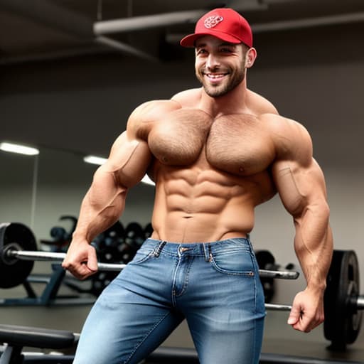  muscle guy in a jeans and tank top, wearing a red ball cap and
 smiling