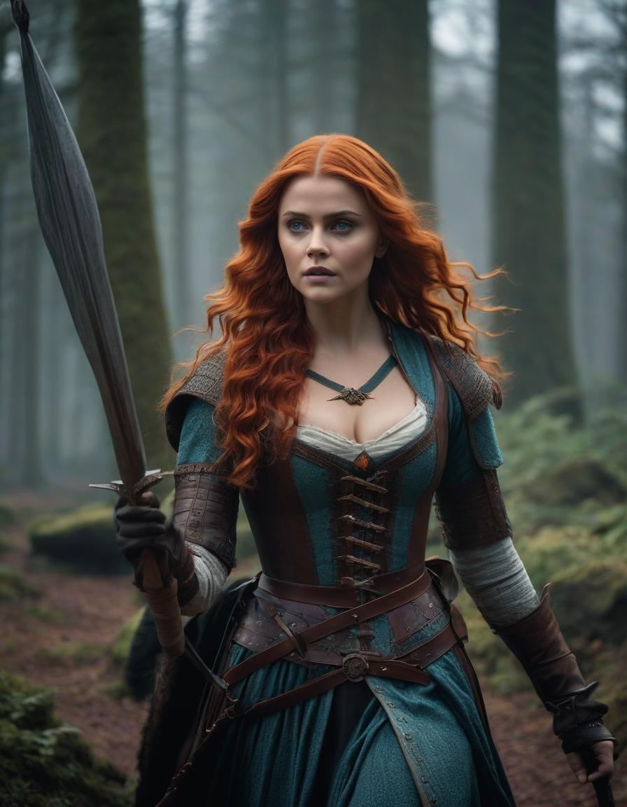  cinematic film still The Tudor era, a tragic frame from the film, the most detailed image, emphasis on faces, Chloe Grace Moretz with light red long curly hair, dressed as Triss Merrigold from the game The Witcher 3 in anger leads an attack of armed warrior knights, maximum detail, small details, especially carefully drawn faces and emotions, the strictest matching the request, historical costumes are reproduced as accurately as possible, weak dramatic lighting, mud, heavy rain, dark dense gloomy forest around, . shallow depth of field, vignette, highly detailed, high budget, bokeh, cinemascope, moody, epic, gorgeous, film grain, grainy hyperrealistic, full body, detailed clothing, highly detailed, cinematic lighting, stunningly beautiful, intricate, sharp focus, f/1. 8, 85mm, (centered image composition), (professionally color graded), ((bright soft diffused light)), volumetric fog, trending on instagram, trending on tumblr, HDR 4K, 8K