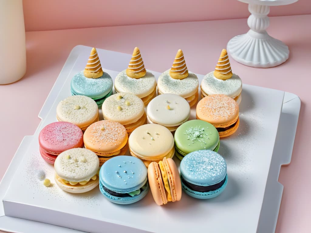  A minimalistic image of a colorful assortment of unicorninspired macarons delicately arranged on a pristine white plate, showcasing their pastel hues and shimmering edible glitter decorations under soft, natural lighting that highlights their smooth, glossy surfaces and intricate details. hyperrealistic, full body, detailed clothing, highly detailed, cinematic lighting, stunningly beautiful, intricate, sharp focus, f/1. 8, 85mm, (centered image composition), (professionally color graded), ((bright soft diffused light)), volumetric fog, trending on instagram, trending on tumblr, HDR 4K, 8K