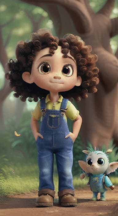  {The tree with a twinkling eye, while its leaves gently rustle., Riley, a curious with big brown eyes and curly hair, wearing overalls and carrying a small backpack. Their friend, Skye, a bluebird with shiny feathers.