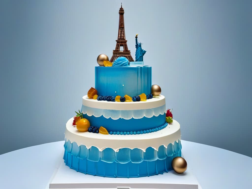  A minimalist, ultradetailed image of a beautifully intricate wedding cake adorned with global elements representing the impact of globalization on wedding desserts. The cake features delicate layers symbolizing different cultures, with miniature edible landmarks like the Eiffel Tower, Taj Mahal, and Statue of Liberty intricately crafted on top. Each tier showcases a unique fusion of flavors and decorations from various countries, showcasing the diverse influences on modern wedding desserts. The color scheme is elegant and neutral, emphasizing the sophistication and cultural richness of wedding desserts worldwide. hyperrealistic, full body, detailed clothing, highly detailed, cinematic lighting, stunningly beautiful, intricate, sharp focus, f/1. 8, 85mm, (centered image composition), (professionally color graded), ((bright soft diffused light)), volumetric fog, trending on instagram, trending on tumblr, HDR 4K, 8K