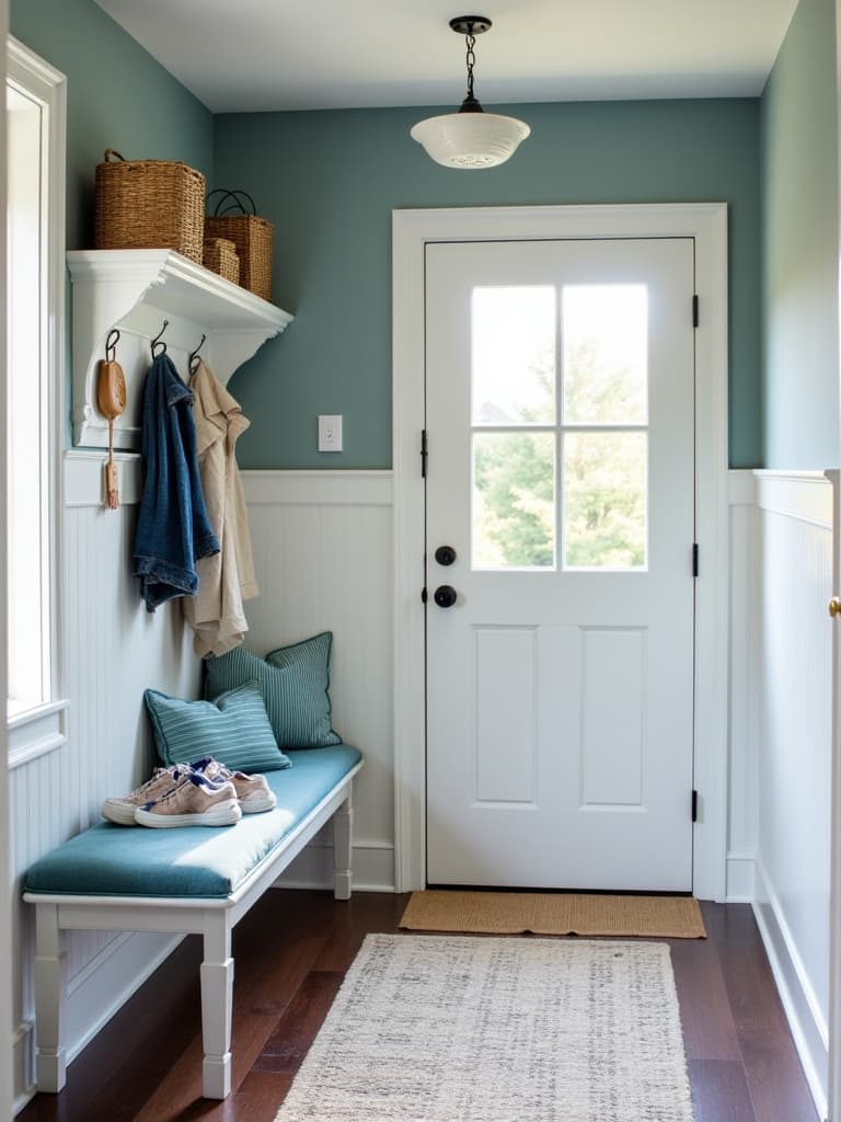  this editorial photography showcases a contemporary style mudroom/entryway, tailored for removing outdoor clothing and shoes. the shot captures the room as seen by someone within, using afternoon light to highlight the clean lines, balance, and harmony typical of contemporary design. decoratively, the theme is a seaside escape, featuring a dominant polo blue color (rgb 141 168 204, #8ea8d2), complemented by cello color (rgb 30 56 91, #223767) and accented with white (rgb 255 255 255, #ffffff).