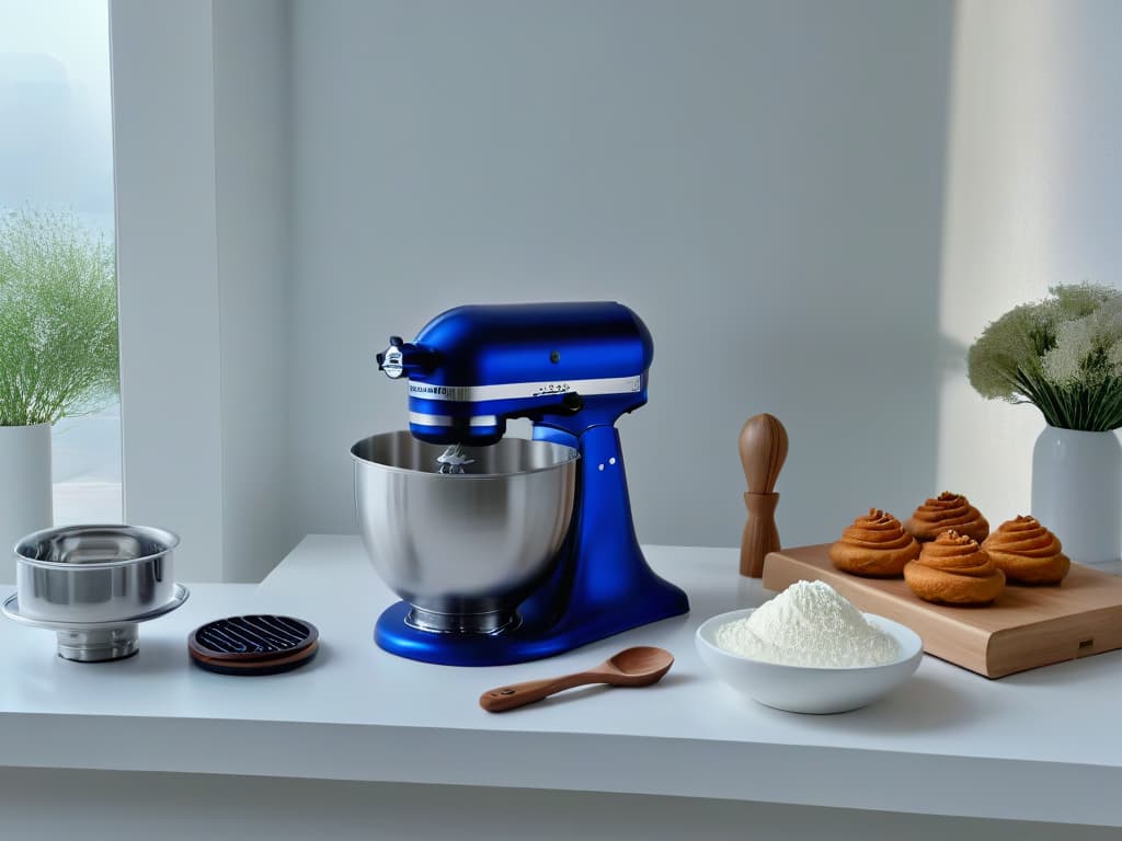  An ultradetailed image of a pristine white marble countertop, elegantly adorned with an arrangement of gleaming professionalgrade baking tools and essentials, including a sleek stand mixer, precise measuring cups, a finemesh sieve, a rolling pin, a pastry brush, and a stack of highquality mixing bowls. The soft, natural light coming from a nearby window casts gentle shadows, highlighting the impeccable craftsmanship of each item and creating a serene yet inspiring atmosphere perfect for embarking on a journey into the art of pastry making. hyperrealistic, full body, detailed clothing, highly detailed, cinematic lighting, stunningly beautiful, intricate, sharp focus, f/1. 8, 85mm, (centered image composition), (professionally color graded), ((bright soft diffused light)), volumetric fog, trending on instagram, trending on tumblr, HDR 4K, 8K