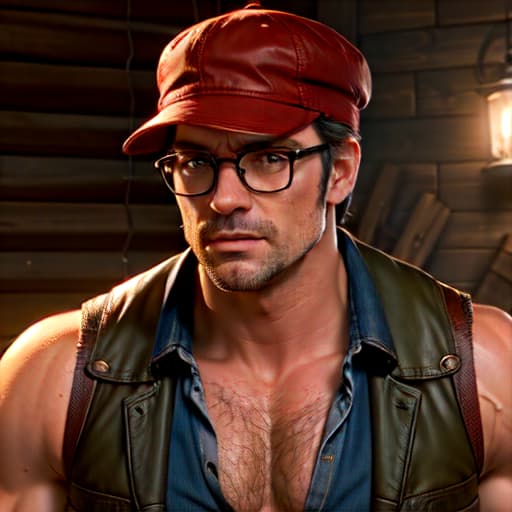  sexy shirtless muscular man from red dead redemption, year 1899, nerdy with glasses, but sexy with a buttchin and light stubble, a chisled jawline, and a cute flat cap.