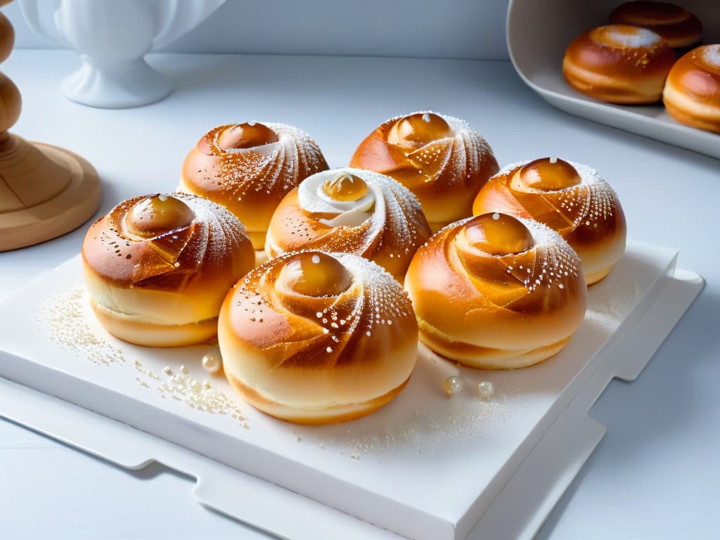  A closeup, ultradetailed image of freshly baked brioche buns sprinkled with glistening, perfectly placed sugar pearls on a sleek, modern white plate. The buns are golden brown with a soft, pillowy texture, and the sugar pearls add a crunchy, irresistible contrast. The lighting is soft and natural, highlighting the textures and making the sugar pearls sparkle enticingly. hyperrealistic, full body, detailed clothing, highly detailed, cinematic lighting, stunningly beautiful, intricate, sharp focus, f/1. 8, 85mm, (centered image composition), (professionally color graded), ((bright soft diffused light)), volumetric fog, trending on instagram, trending on tumblr, HDR 4K, 8K