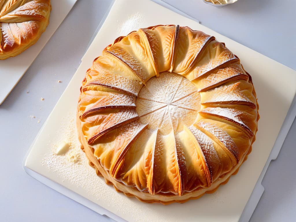  A minimalist, highly detailed image of a goldenbrown Galette des Rois freshly baked, adorned with a delicate lattice pattern on top, sprinkled with powdered sugar, and filled with a rich almond cream. The flaky layers of the pastry glisten slightly in the soft light, showcasing the traditional French dessert in all its homemade glory. hyperrealistic, full body, detailed clothing, highly detailed, cinematic lighting, stunningly beautiful, intricate, sharp focus, f/1. 8, 85mm, (centered image composition), (professionally color graded), ((bright soft diffused light)), volumetric fog, trending on instagram, trending on tumblr, HDR 4K, 8K