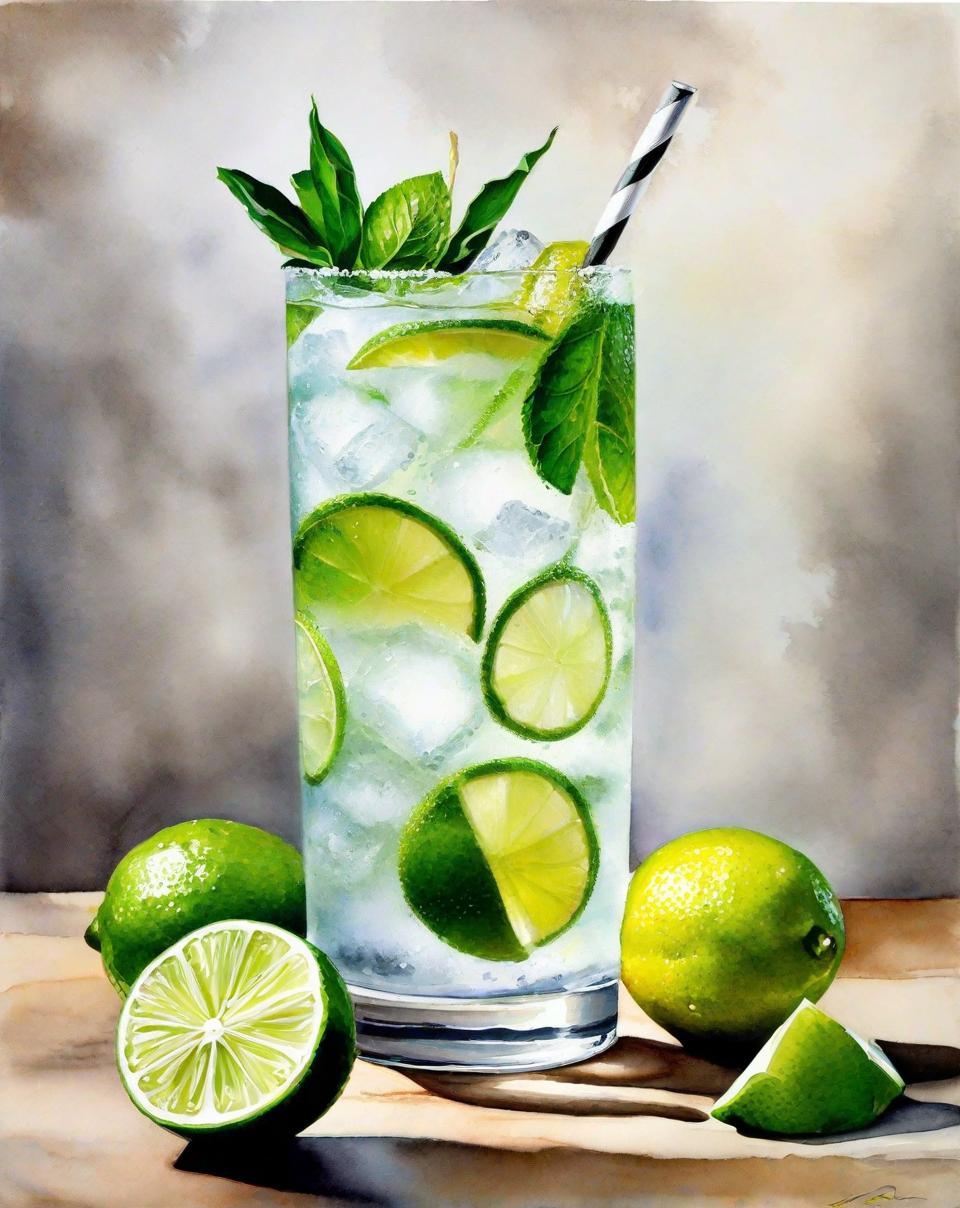  A beautiful, artistic watercolor painting of a gin and tonic, on a white background. The drink is served in a tall, slender glass with ice cubes and a slice of lime. The painting should focus solely on the glass and its contents, emphasizing the clarity and refreshing look of the ice and lime in the glass. The style should remain light and airy with delicate brush strokes, highlighting the drink's appealing aesthetics.