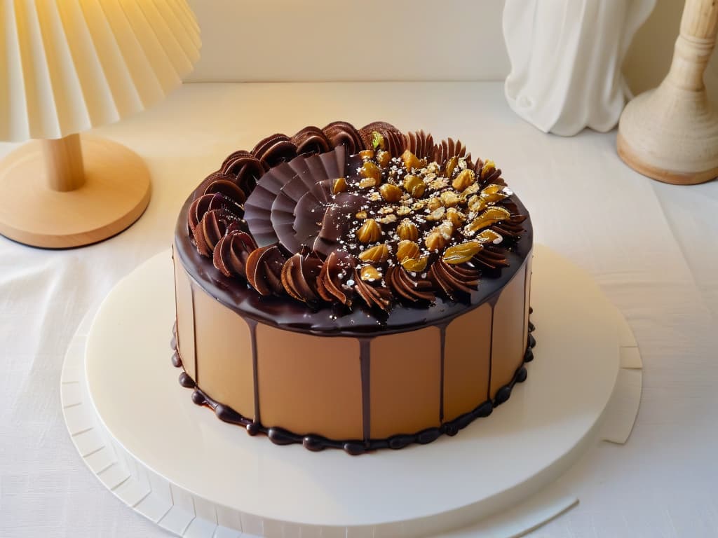  A closeup, minimalist shot of a perfectly layered Tarta Dobos cake, showcasing its glossy chocolate glaze with a sprinkle of crushed nuts on top. The layers of sponge and rich buttercream are visible, highlighting the precision and skill involved in creating this traditional Hungarian dessert. The image captures the elegance and simplicity of the cake, inviting viewers to appreciate the artistry and taste of the Tarta Dobos. hyperrealistic, full body, detailed clothing, highly detailed, cinematic lighting, stunningly beautiful, intricate, sharp focus, f/1. 8, 85mm, (centered image composition), (professionally color graded), ((bright soft diffused light)), volumetric fog, trending on instagram, trending on tumblr, HDR 4K, 8K