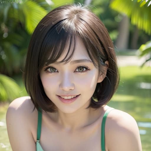  Large eyes with a big eye smile Smile Smooth, glossy hair rich chest moss green hair short hair black swimsuit, (Masterpiece, BestQuality:1.3), (ultra detailed:1.2), (hyperrealistic:1.3), (RAW photo:1.2),High detail RAW color photo, professional photograph, (Photorealistic:1.4), (realistic:1.4), ,professional lighting, (japanese), beautiful face, (realistic face)