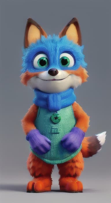  {Error the fox pressing the blue button with his paw, looking puzzled as nothing occurs., Error is a small, bright orange fox with a fluffy tail and big, inquisitive eyes. He has a mischievous yet kind expression and wears a tiny green scarf.