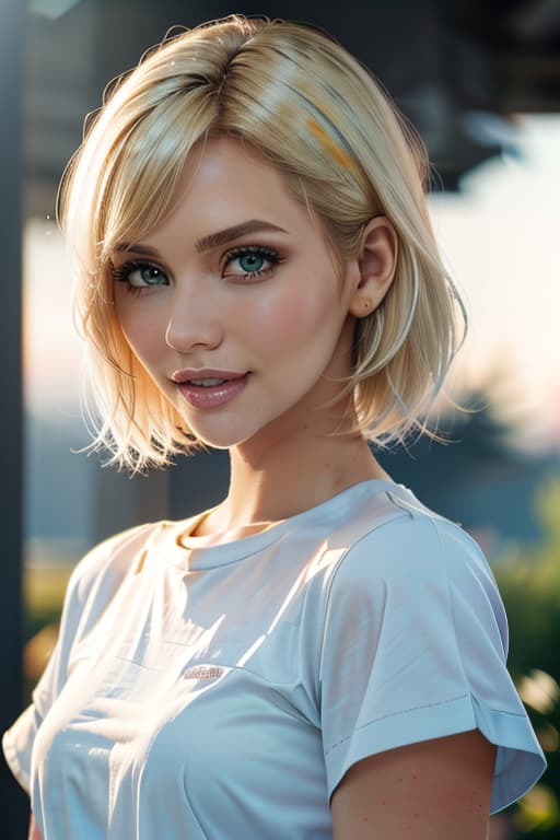  1girl,1girl,blonde short hair,straight hair,upper body shot,shirt,smile hyperrealistic, full body, detailed clothing, highly detailed, cinematic lighting, stunningly beautiful, intricate, sharp focus, f/1. 8, 85mm, (centered image composition), (professionally color graded), ((bright soft diffused light)), volumetric fog, trending on instagram, trending on tumblr, HDR 4K, 8K