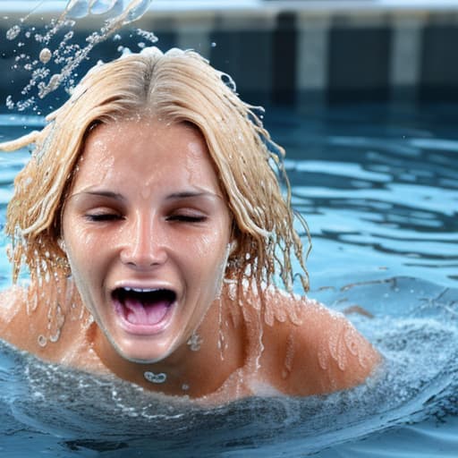  tanned blonde woman's face is in the water she's drowning and panic a lot of water waves and splashes around her