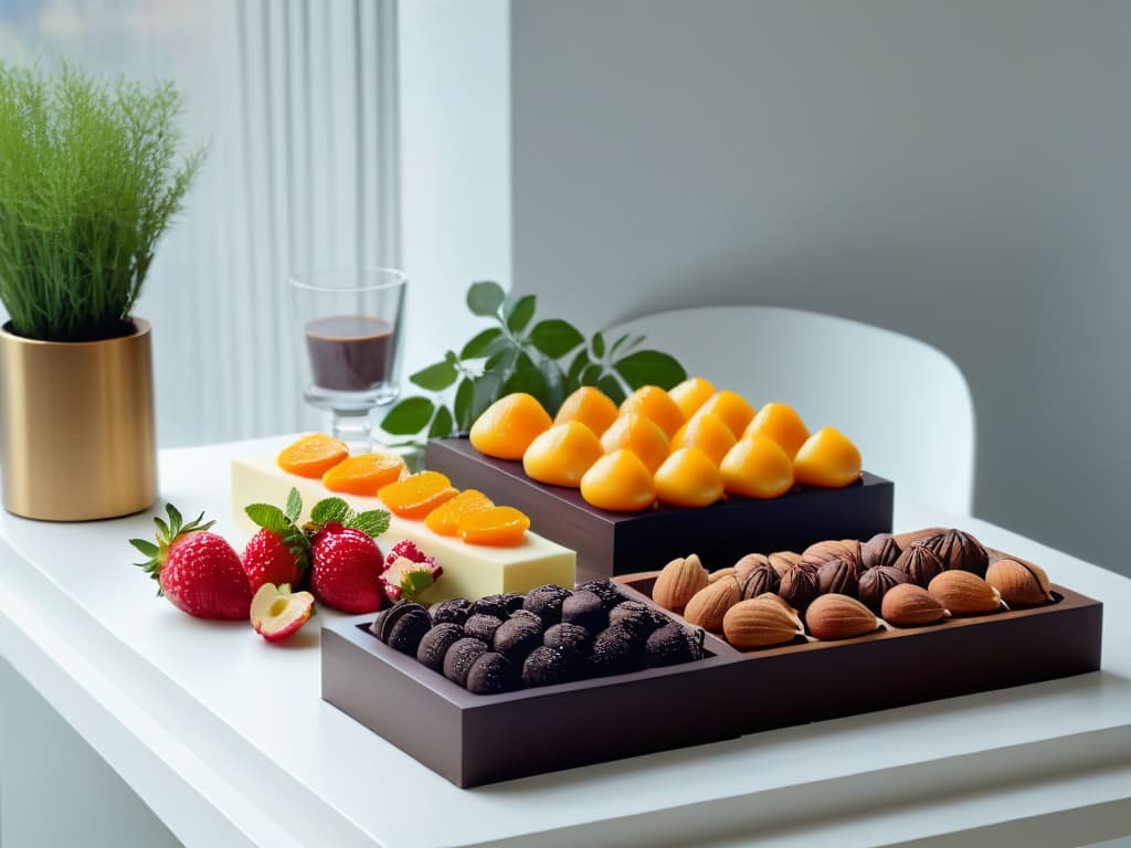  An ultradetailed, highresolution image of a sleek, modern kitchen countertop with various dessert ingredients neatly arranged in minimalist, monochromatic containers. The setup includes vibrant fruits, decadent chocolates, artisanal nuts, and delicate herbs, all illuminated by soft natural light filtering through a nearby window. The composition exudes elegance and creativity, embodying the essence of sophisticated dessert design. hyperrealistic, full body, detailed clothing, highly detailed, cinematic lighting, stunningly beautiful, intricate, sharp focus, f/1. 8, 85mm, (centered image composition), (professionally color graded), ((bright soft diffused light)), volumetric fog, trending on instagram, trending on tumblr, HDR 4K, 8K